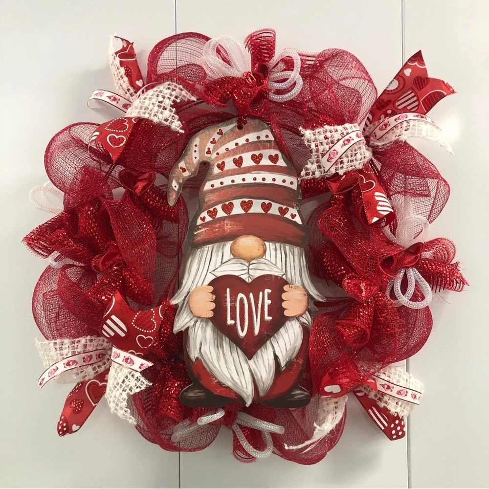 Gnome Deco Mesh Valentines Wreath Ribbons Hearts Red White Tubing Love
